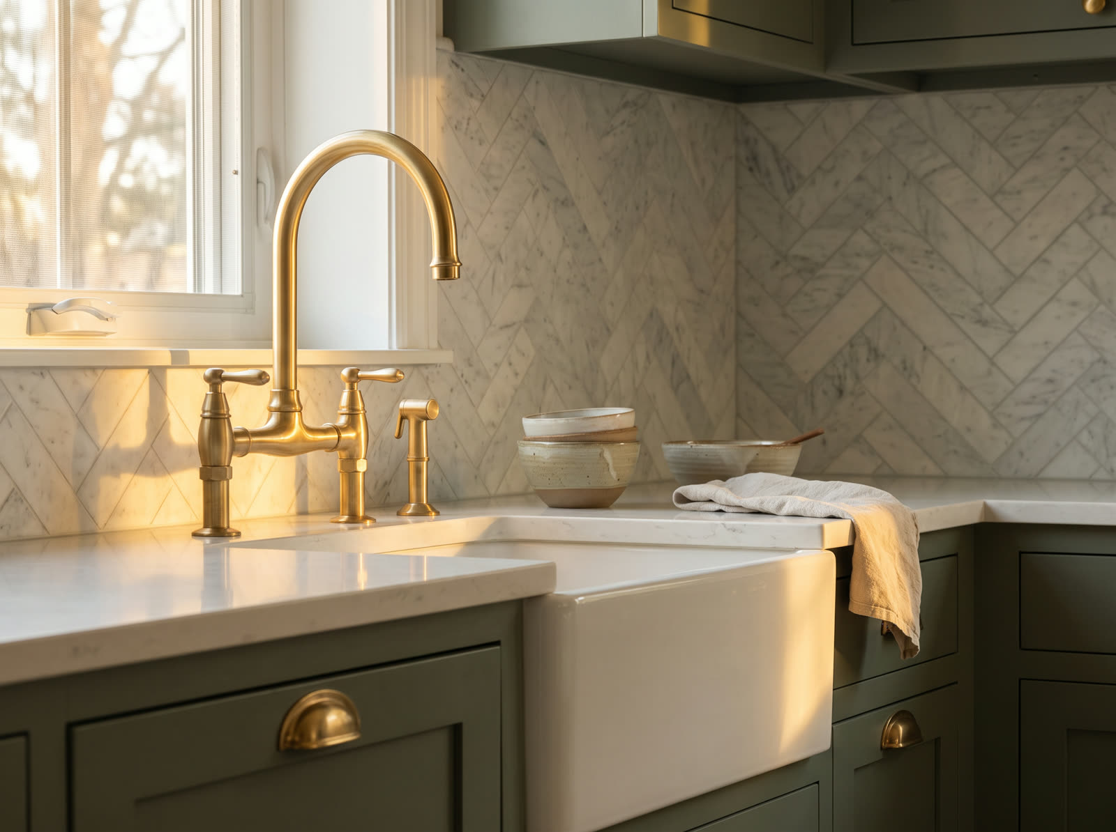 Kitchen remodel detail with herringbone marble backsplash and brushed brass faucet