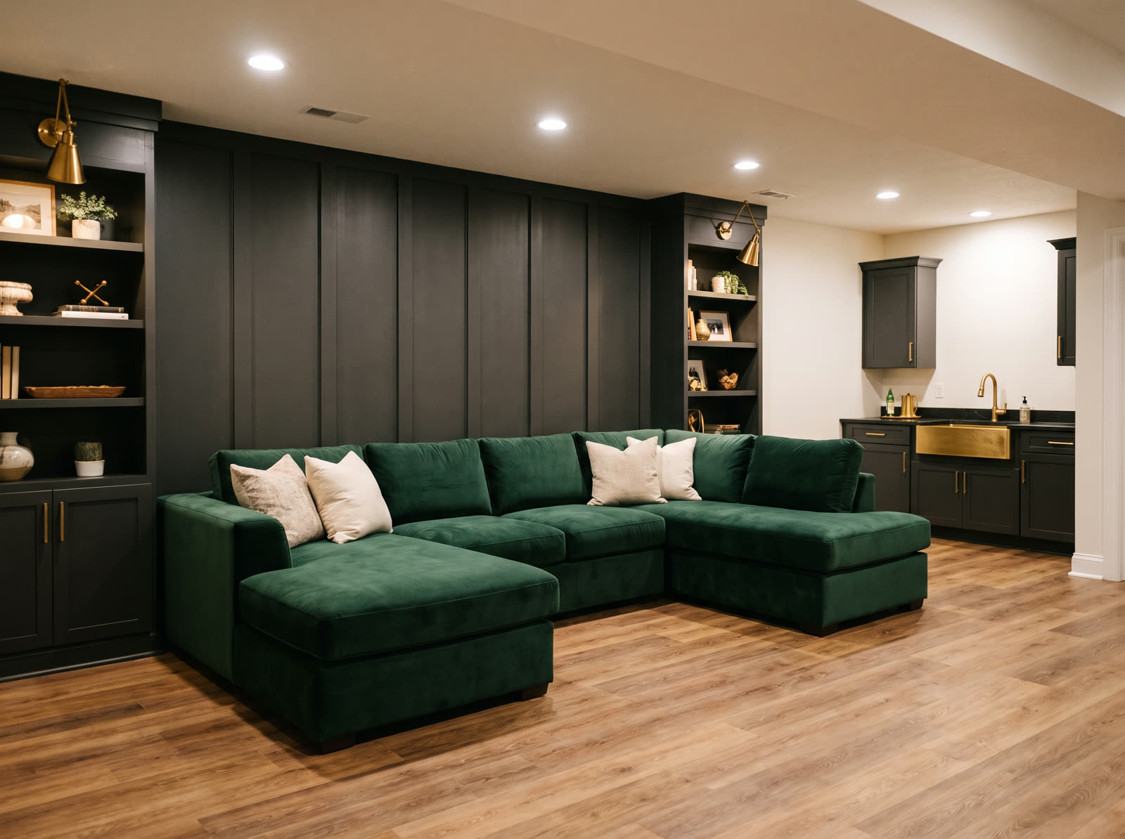Finished basement remodel with green sectional sofa and built-in shelving