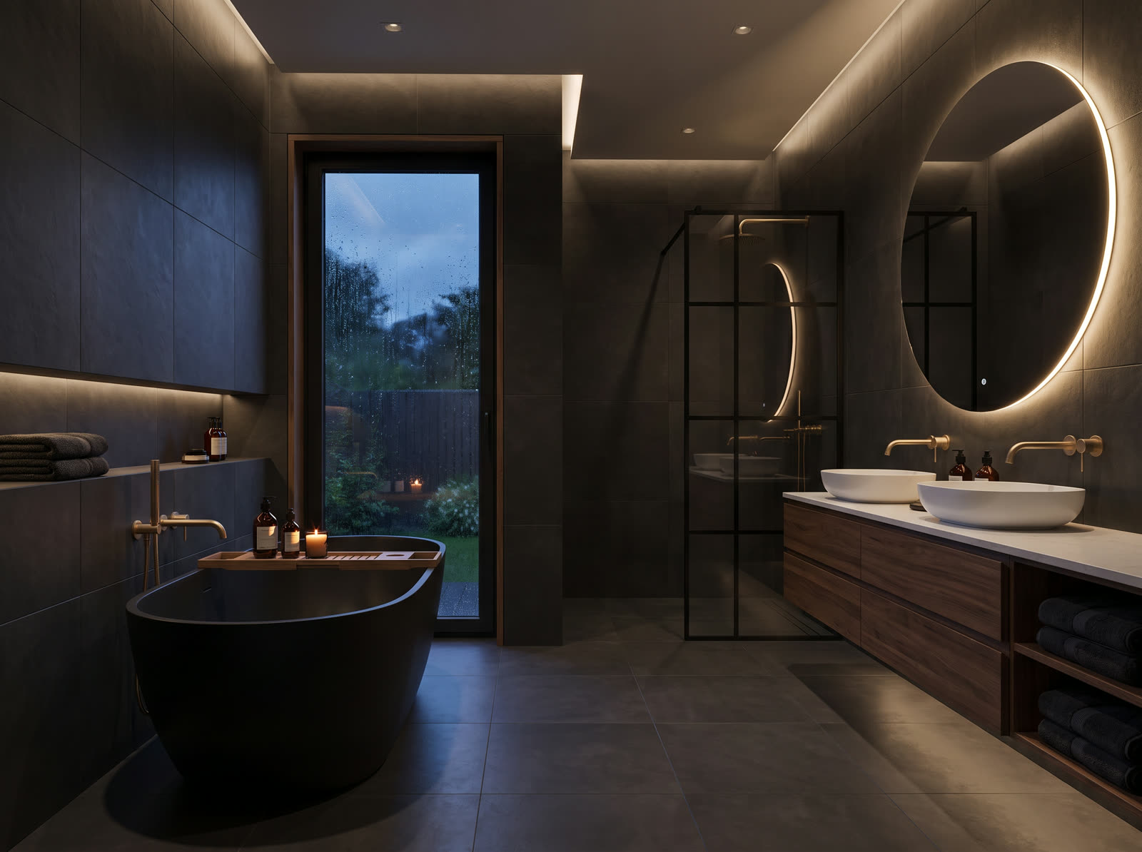 Spa-style bathroom remodel with freestanding tub and dark tile