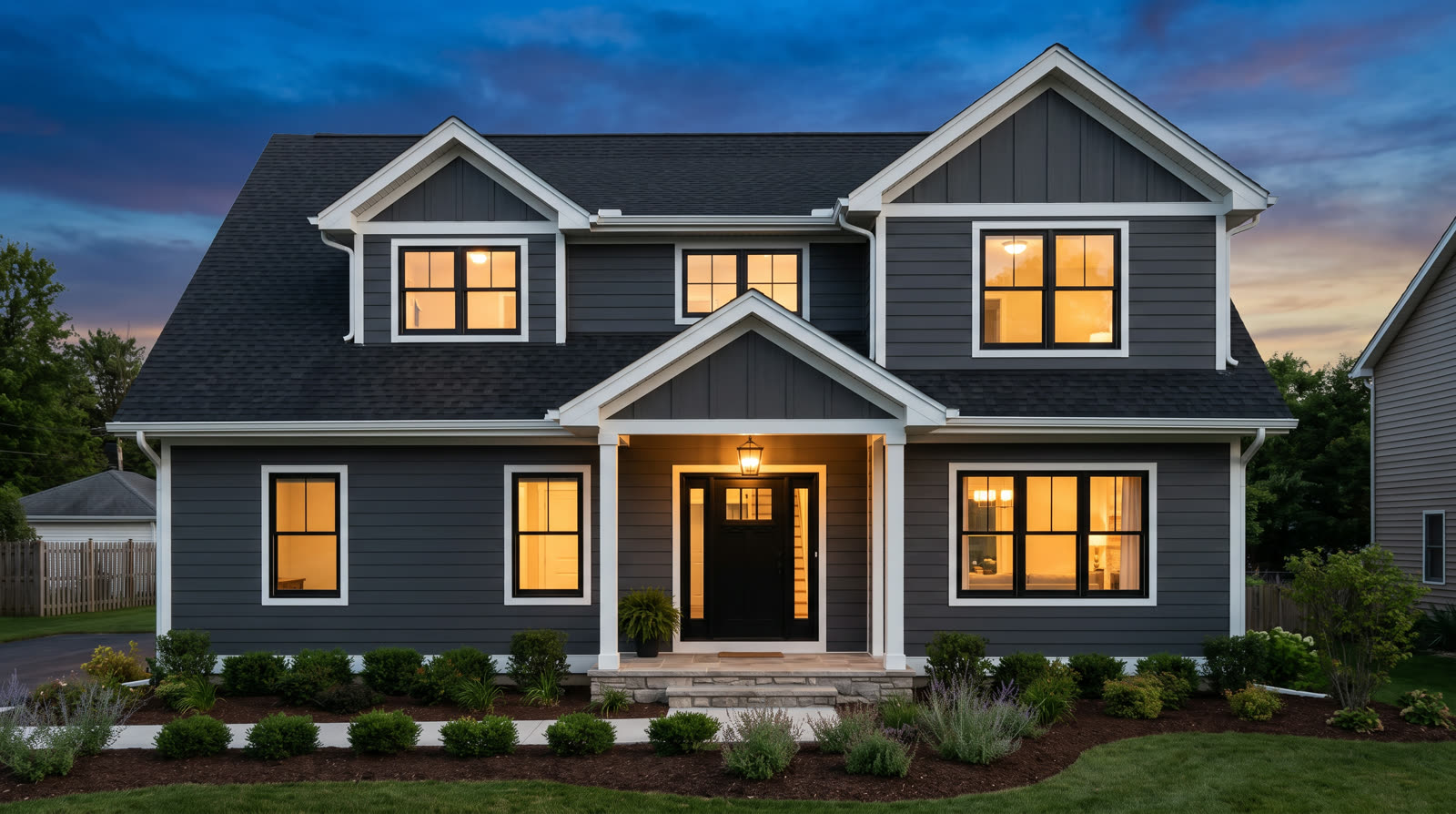 Remodeled home exterior with dark siding and warm porch lighting at dusk